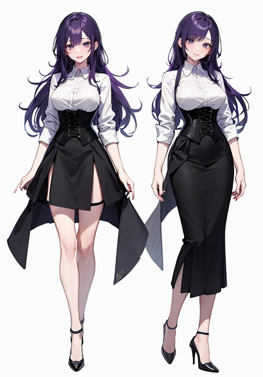 Purple hair,short hair,Adult female,(suit),Dress shirt,((Roll up your sleeves)),(Corset),(Tight skirt),(high heels),The heel is visible,((Simple background)),Smile,((Full body)),((whole body)),Character Sheet,