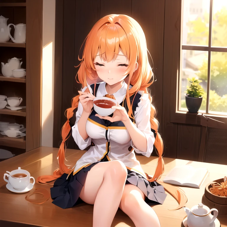アニメの女の子 sitting on a table with a cup of tea, Drinking tea, female protagon wariza Orange Hair Hime cut Vertical Roll Short skirt long hair, drill hair twin braid hime cut, Face slightly to the left Eyes closed Angle from slightly above indian style