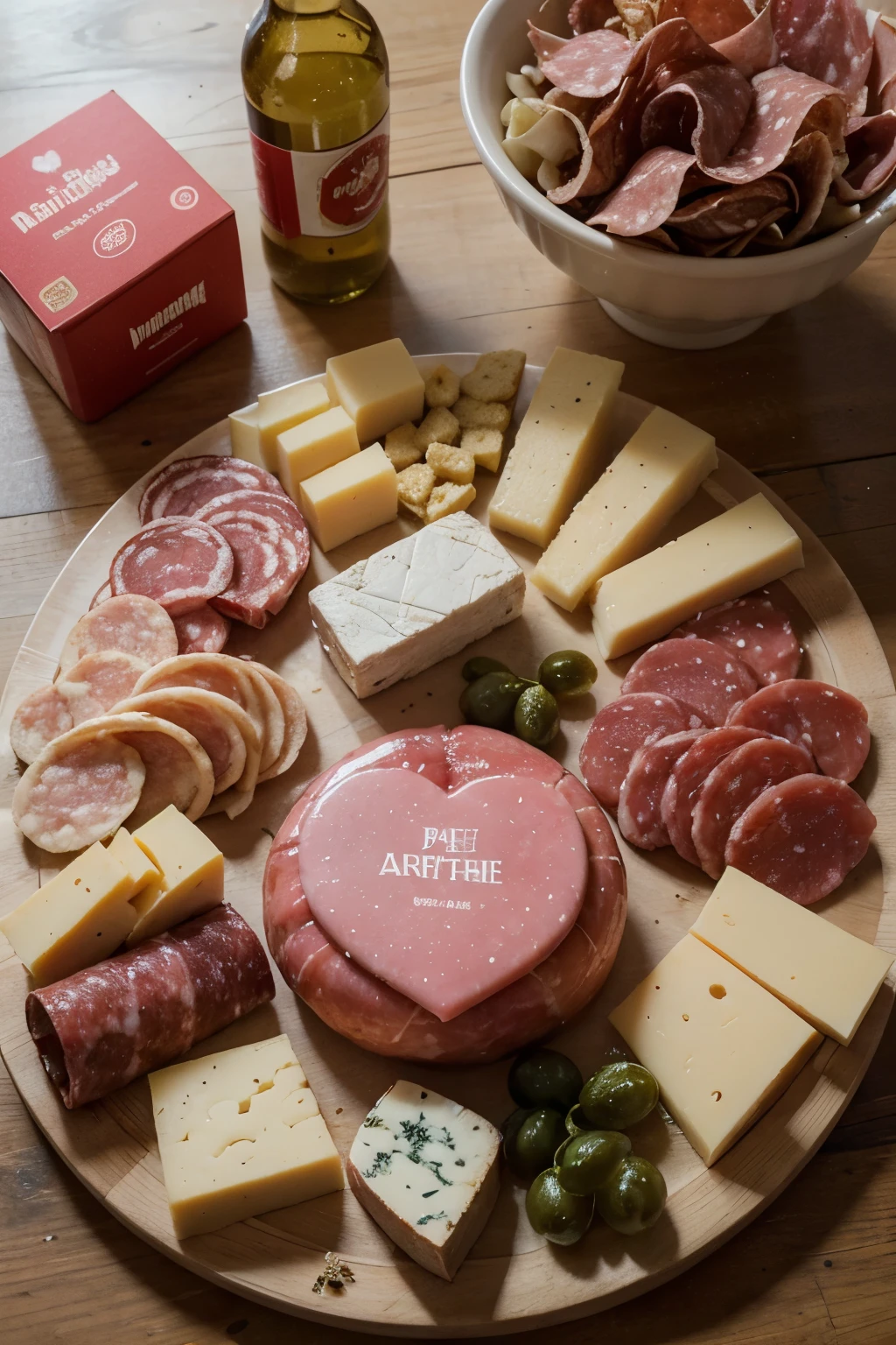 ((best quality)), ((masterpiece)), (detailed), generate a charcuterie, cheese and picles board image for valentines day
