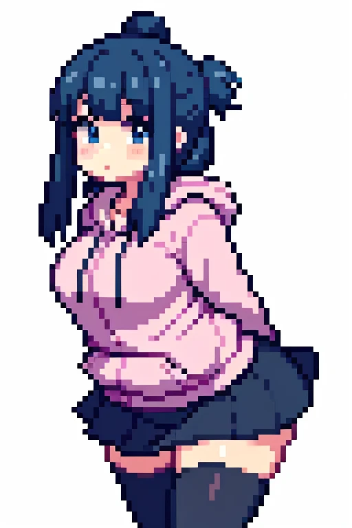 a cute chubby girl wearing a hoodie, skirt, and thigh high leggings