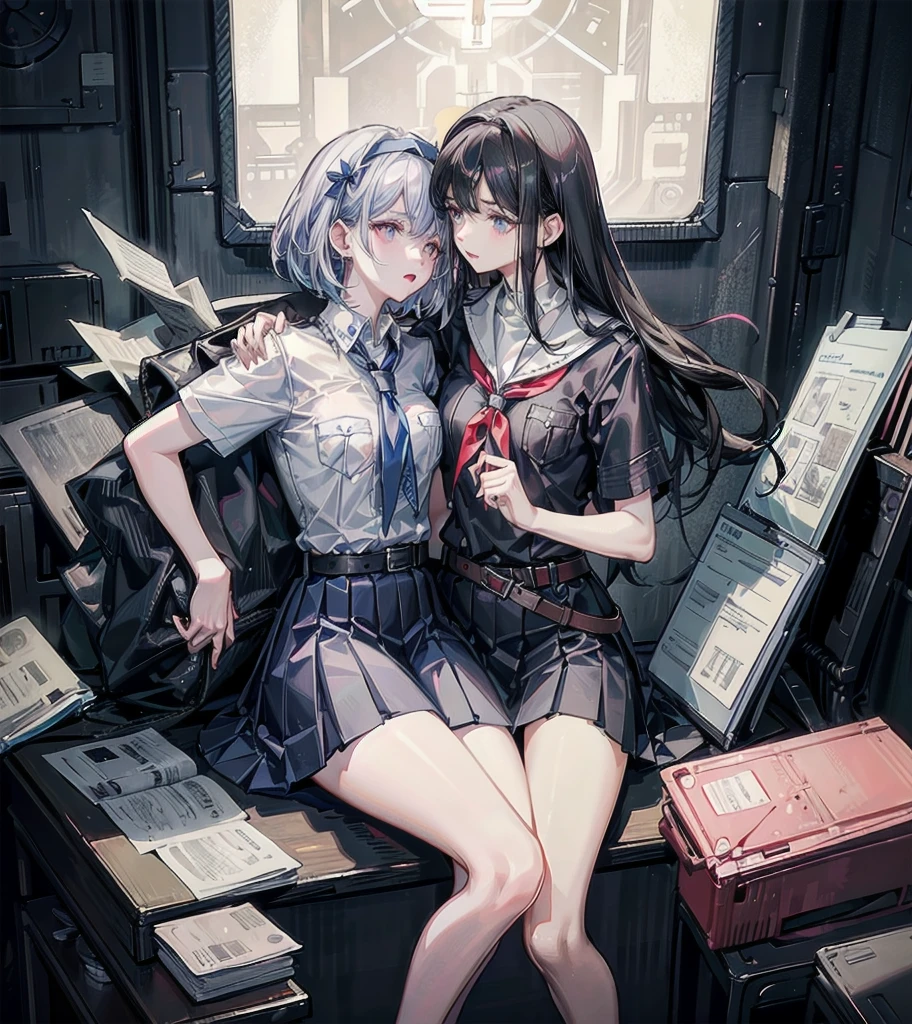 pioneer neckerchief, short tight blue pleated skirt, bangs, tight white shirt, short sleeves, collared shirt, belt, red neckerchief, breast pocket, absurdres, RAW photo, extremely delicate and beautiful, masterpiece, Best Quality, ultra high resolution, 32k, hyperrealistic, ultra-detailed, detailed description, perfect figure, perfect shape, perfect anatomy, pale skin, 20 years old, detailed beautiful face and eyes, tearful mole, earring, short medium hair, wavy hair, ((yuri)), ((((2 girls)))),