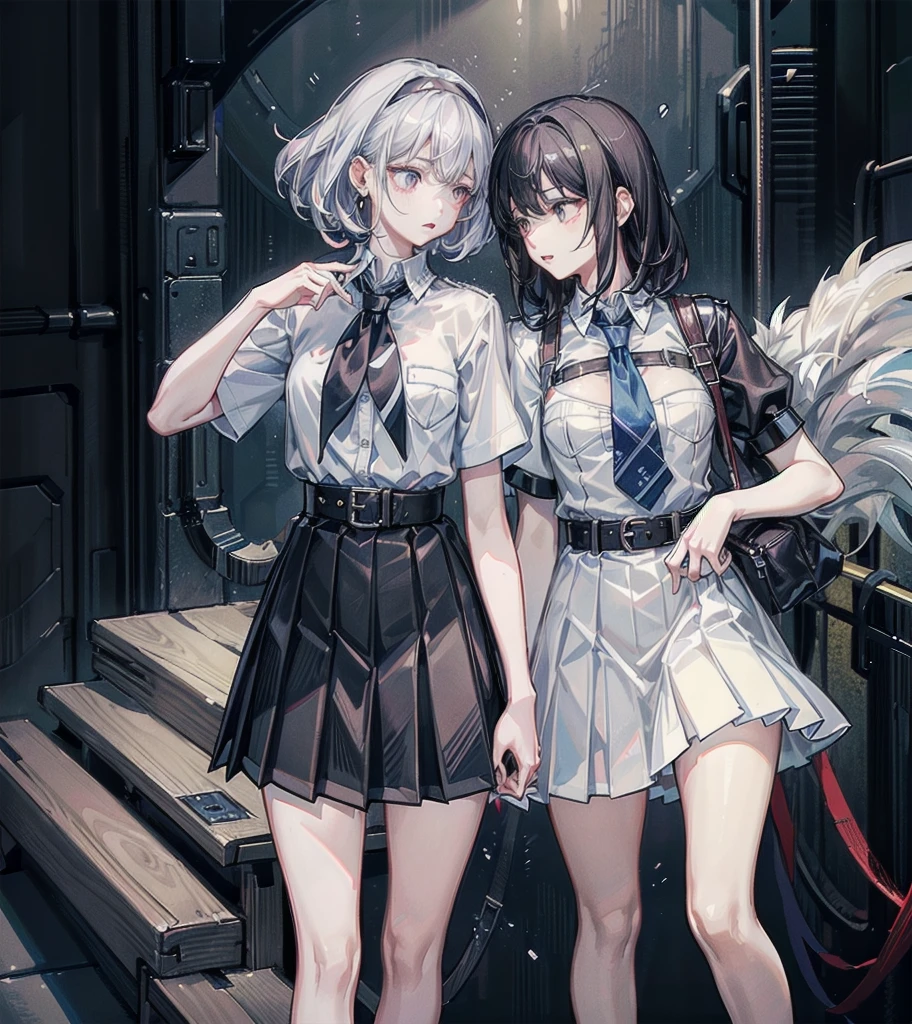 sailor school_uniform, absurdres, RAW photo, extremely delicate and beautiful, masterpiece, Best Quality, ultra high resolution, 32k, hyperrealistic, ultra-detailed, detailed description, pale skin, 20 years old, tearful mole, earring, Colossal tits, short medium hair, wavy hair, full body shot,