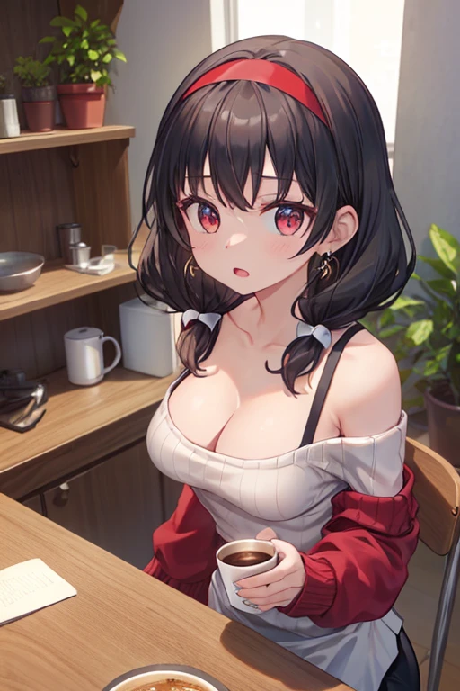 masterpiece, yor, 1girl, Amazing Cleavage:1.3, thin waist, big ass, Raised sexy, medium breast: 1.8 posed cleavage:1.2、solo, looking at viewer, open mouth, have a cup of coffee,black hair, red eyes, dress, bare shoulders, jewelry, collarbone, sidelocks, hairband, earrings, indoors, off shoulder, :o, sweater, arms behind back, plant, short hair with long locks, white hairband, off-shoulder dress, sweater dress, off-shoulder sweater, red sweater, big side hair, very long side hair,is rendered in (masterpiece: 1.2, best quality), with (ultra high resolution) and an exquisite (depth of field). This masterpiece is not only visually stunning but also tells, teach of cooking ,in the kitchen
