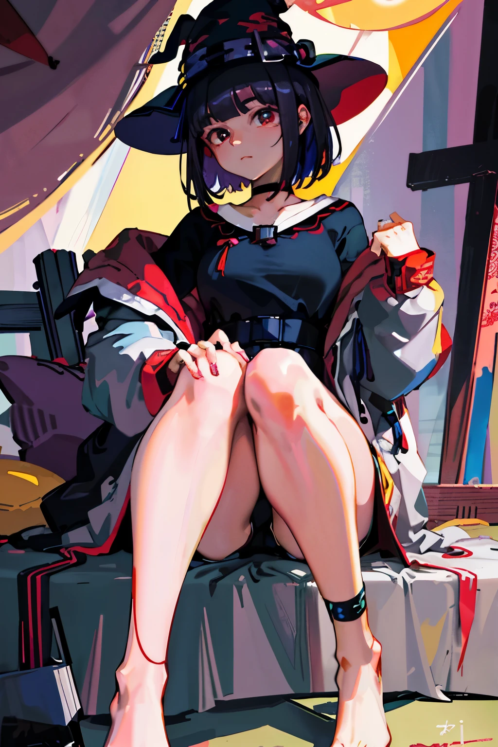 High-quality digital art, suitable for all ages, showcases a age witch with short black hair accented by vibrant purple highlights. adorned with a distinctive neon red star-shaped hair clip atop her witch hat. The enchanting beauty sports a lace tattoo, adding a touch of mystique. She sits comfortably on a white canvas, engrossed in the art of painting her toenails a bold red hue. The zodiac signs, subtly integrated into the pristine background, complete the ethereal ambiance of this captivating artwork, reminiscent of the signature style of renowned digital artists like Gu Weiz. The overall composition exudes a soft,