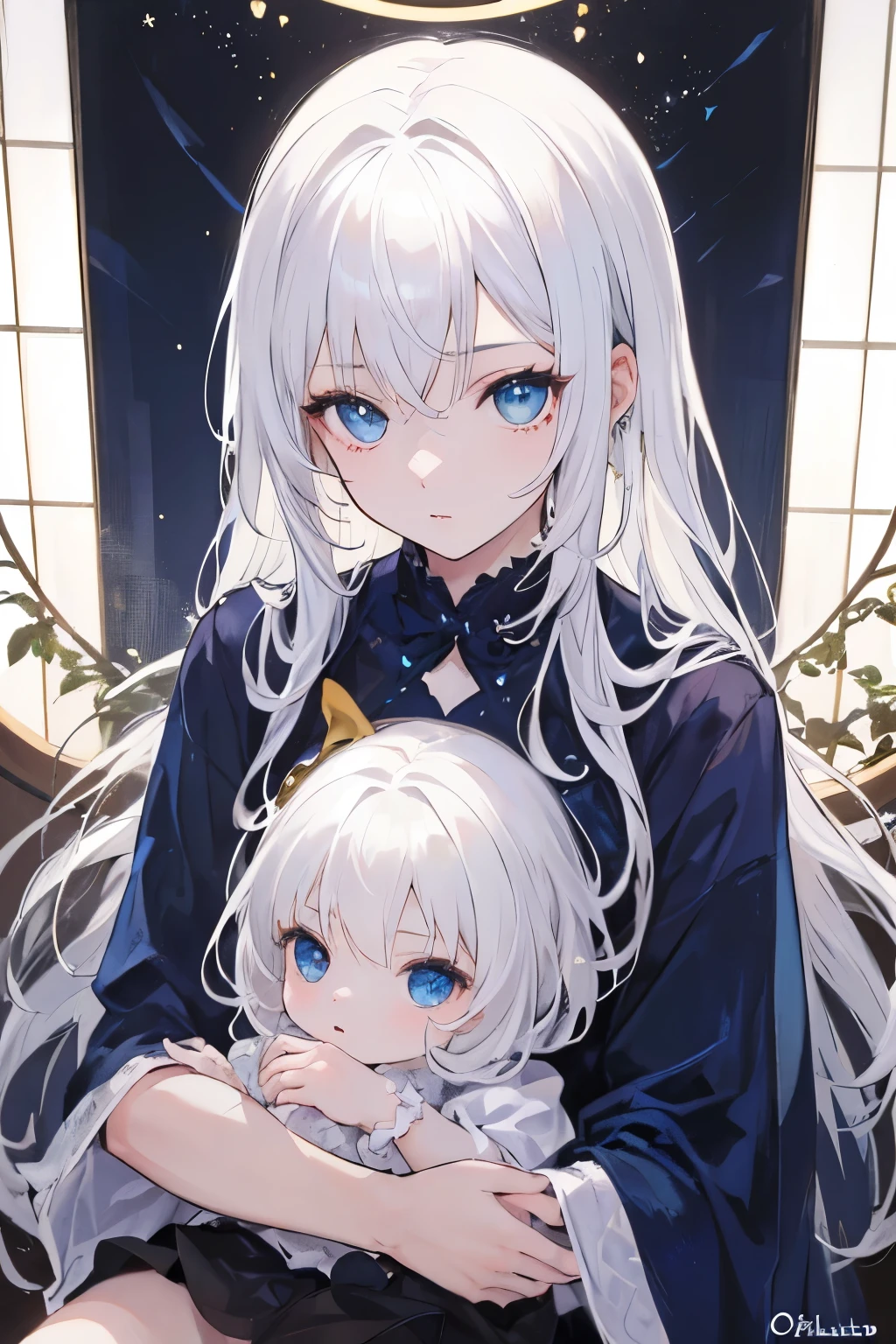 ((mejor calidad)), ((obra maestra)), (detallado), girl, beauty. White hair, long hair. Blue eyes. And baby.