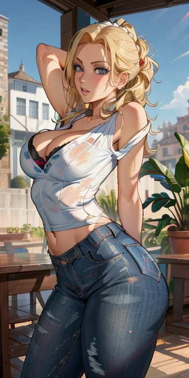 (((ashleyfires)))), (amaerican porn star), Unmatched masterpiece, ultra realista 8k CG, obra de arte perfeita, (1girl: 1.1), solo, ((figura feminina perfeita)), (nsfw), olhando para o espectador, mulher madura, bimbo (Android 18) standingn, (provocando), melhor qualidade:1.1, postura sedutora, pose sexy, sedutora, (bonita), (curvilinear), (grossa), cabelo loiro, (olhos azuis:1.2), cabelo curto, brincos, joias, colete jeans, colete aberto, Black pantyhosebloom, camisa preta, saia jeans, manga comprida listrada, saia azul, pernas torneadas, fit, (abs:1.1), (bumbum grande:1.4), peach ass, (corpo atletico:1.2), (seios fartos:1.3, (big_breasts: 1.1), quadris largos: 1.5, cintura estreita, cintura fina: 1.5, corpo esguio: 1.2, coxas grossas: 1.3), (pele brilhante: 1.2), (hdr), (rua: 1.2), filme Nikon D850 fotografia Kodak Portra Lente f1.400 camera 6, cores ricas, textura realista, lighting dramatic, mecanismo irreal, trending on ArtStation, de Gerald Brom, de Frank Frazetta, de Luis Royo, de Julie Bell, de Boris Vallejo
