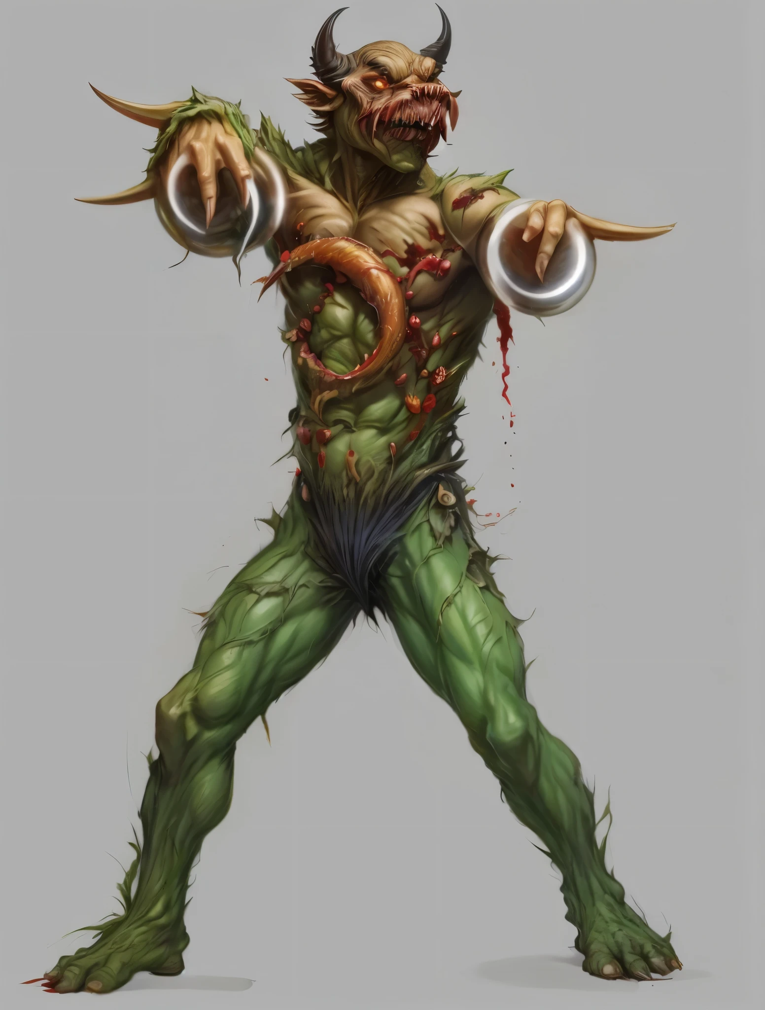 whole body、always Bloody、Bloody、Bloody、Best image quality、masterpiece、8k、odd number、strongest、Brutal、Sharp Claws、monster、killer ghost、Wrestler、logic骨 格 系々、logic、Face of fear、Extreme obesity、suction cup、8k,1 green-skinned goblin,Highly detailed fantasy characters、Humanoid organisms、creature concept art、concept creature character art、超リアルなファンタジーmonster,Surreal,Fantasy art,小さなmonster,Realistic Skin,Realistic texture,