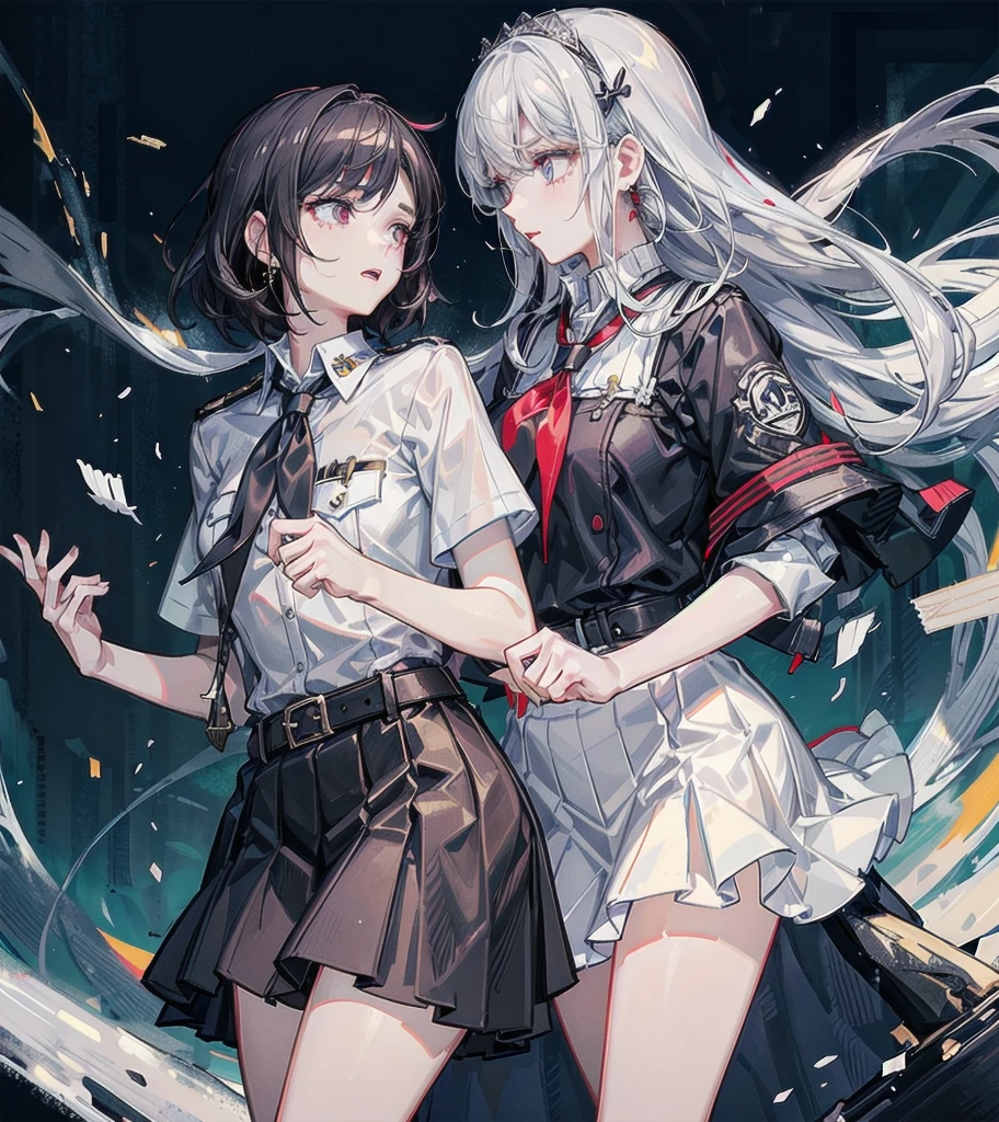 pioneer neckerchief, short tight blue pleated skirt, bangs, tight white shirt, short sleeves, collared shirt, belt, red neckerchief, breast pocket, absurdres, RAW photo, extremely delicate and beautiful, masterpiece, Best Quality, ultra high resolution, 32k, hyperrealistic, ultra-detailed, detailed description, perfect figure, perfect shape, perfect anatomy, pale skin, 20 years old, detailed beautiful face and eyes, tearful mole, earring, short medium hair, wavy hair, ((yuri)), ((2 girls)),