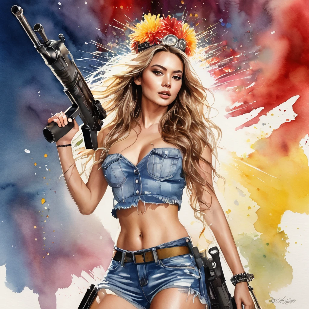 Best quality, masterpiece, super detailed high resolution, (realistic: 1.4), watercolor style, illustration, dazzling background color, topless Girl Holding Weapon, (Solo Exhibition: 1.2), (Denim Lens: 1.2), (Hair Crown: 1.2), No Straps, (Red Eyeliner: 1.2), Earrings, Dynamic Angle, Opera House, messy_long_hair, Ink, Movie Lights, lens_flare, Velvet, Chrysanthemum, Tassels, Ribbons, Color Embroidery, topless, yellow thong, awesome breasts