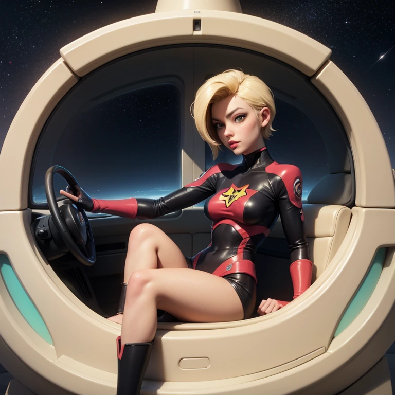 A blond young sexy woman with short hair and hot clothes sits on a seat in a spaceship and the window can show beautiful stars,futurama style