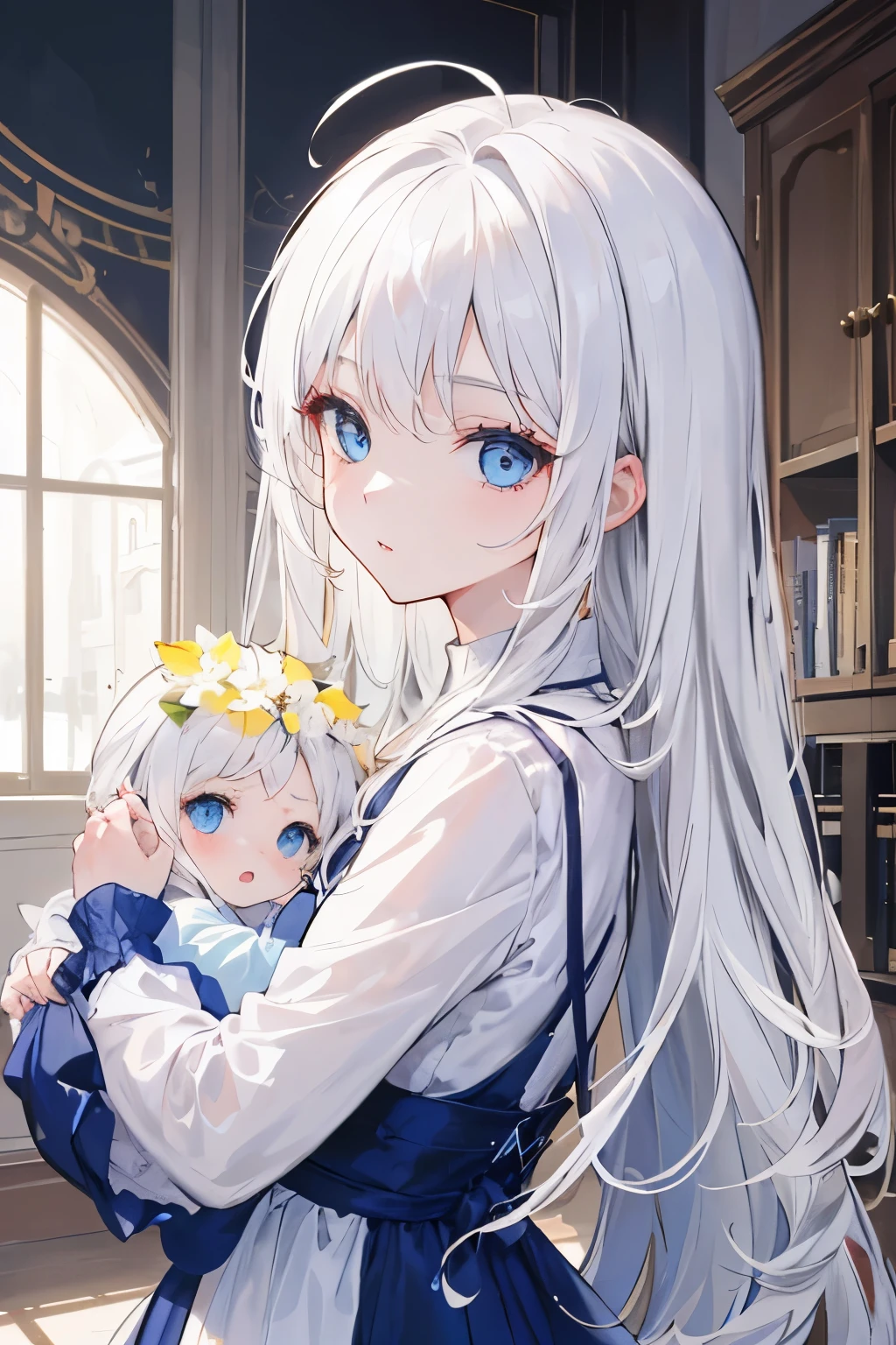 ((mejor calidad)), ((obra maestra)), (detallado), girl, beauty. White hair, long hair. Blue eyes. And baby.