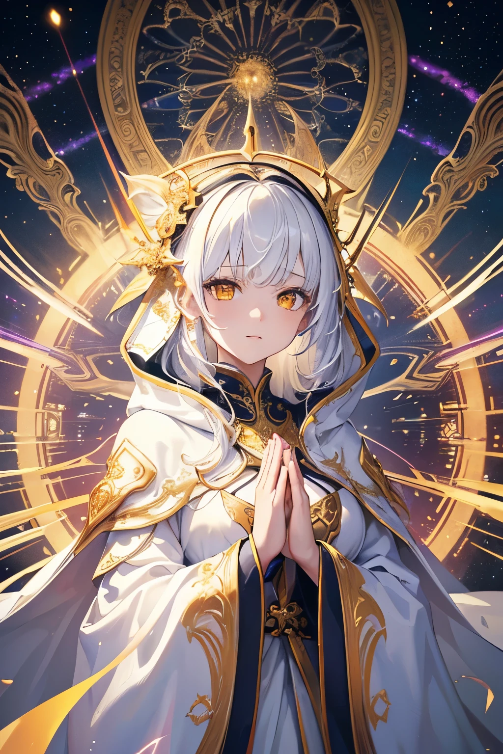 masterpiece, top quality, best quality, official art, beautiful and aesthetic:1.2), (1girl), extreme detailed, (fractal art:1.3), colorful, highest detailed, perfect face, upper body, HDR, (praying:1.3), (white cloak golden lines:1.2), galaxy, (light streaks), striking visuals, (dynamic streaks, luminous trails:1.2), vibrant colors, white hair, yellow eyes