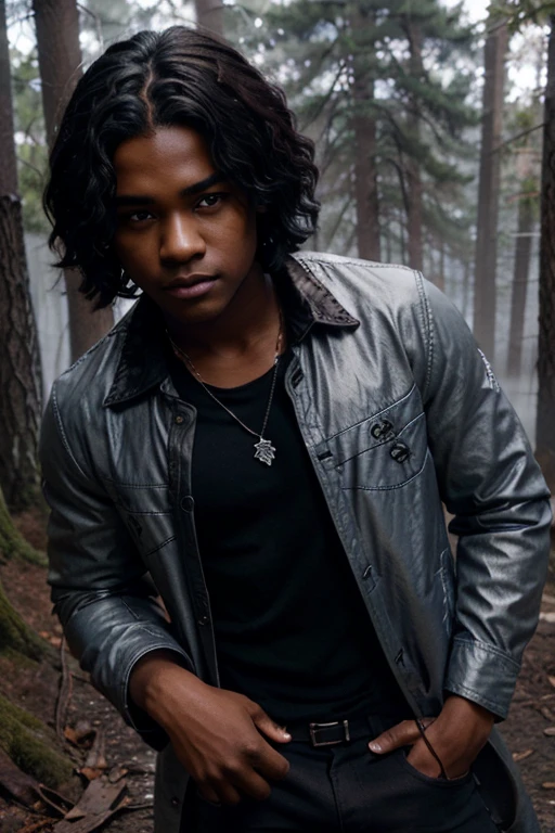 Khylin Rhambo, Mason Hewitt, Teen Wolf, 18 years old, dark skin, short and messy black hair, brown eyes, blue dress shirt, brown jacket, black jeans, black combat boots. silver pendant, white wolf print. Forest background with fog aura around black color.