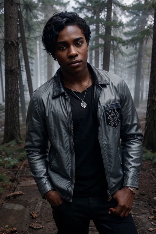 Khylin Rhambo, Mason Hewitt, Teen Wolf, 18 years old, dark skin, short and messy black hair, brown eyes, blue dress shirt, brown jacket, black jeans, black combat boots. silver pendant, white wolf print. Forest background with fog aura around black color.