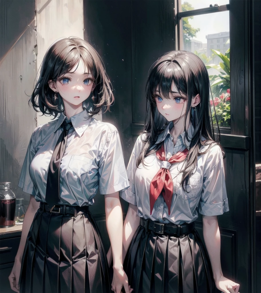 Soft Anime Style、highest quality、masterpiece、Official Art、16k、The best configuration、The best light source、Very detailed、so beautiful、Very detailedな目、A couple of men and women. The girl's hair is milky white with purple gradation at the ends.、Double braid、Black cyberpunk outfit with no fabric on either side of the waist、The boy has short white hair、Neon colored butterflies々is dancing、The frame is made of wisteria fractal art.、Purple LED joint lighting creates a fantastic effect。、There is、Wisteria flowers fluttering like snow、Cryptic Force、Inji、Purple eyes、Twin-tailed braid、Butterfly-elves、cloud,colorful