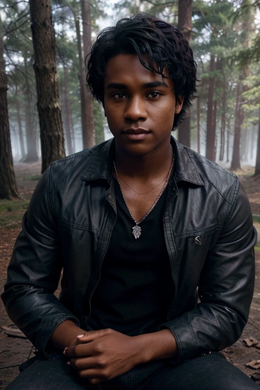 Khylin Rhambo, Mason Hewitt, Teen Wolf, 18 years old, dark skin, short and messy black hair, brown eyes, blue dress shirt, brown jacket, black jeans, black combat boots. silver pendant, white wolf print. Forest background with fog aura around black color.