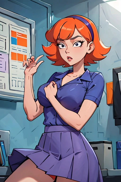 Jessica , orange medium short hair, black eyes, blue shirt, purple skirt,hairband,high quality,