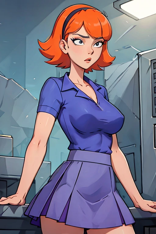 Jessica , orange medium short hair, black eyes, blue shirt, purple skirt,hairband,high quality,