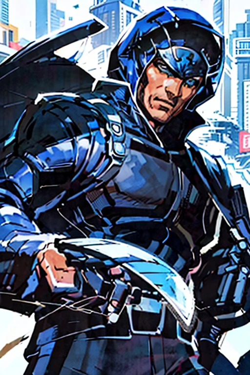 The poster of a movie about a male superhero named the drop.
The title of the movie is "the drop" and the "o" of the word "drop" has a water drop figure on its center.
The superhero is the main character in the poster and he is wearing a black suit with a logo of a blue circle with a drop on its center.
His mask covers all of his head and we cant see the man inside the supersuit that he is wearing.
The background is a City with lots of buildings 