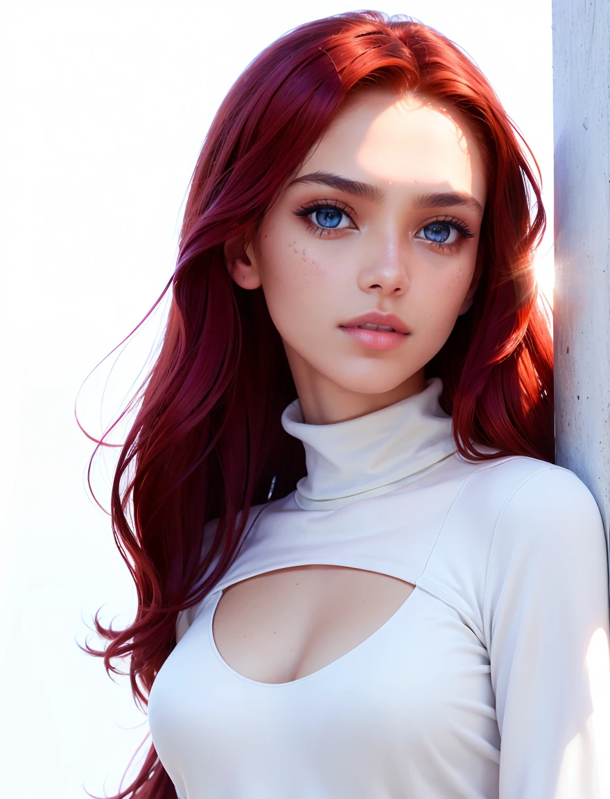 high angle photo of a gorgeous young woman in the style of stefan kostic, (red hair), very very long hair, very big blue eyes, realistic skin texture, looks up, white sweatshirt, white thong, slender hips, 1 / 2 body crop, 8 5 mm art lens, f 1. 2, sharp focus, 8 k high definition, insanely detailed, intricate, elegant, art by stanley lau and artgerm