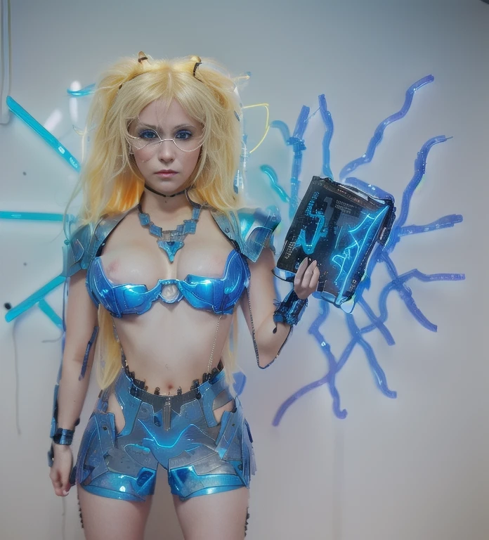 Young woman, blonde color hair, beautiful face, (fashion model portrait), (cyberpunk armor, cinematic blue neon decourations in armor), uhd, magic book with energy radiations, cute european face, large breasts, straight hairs
