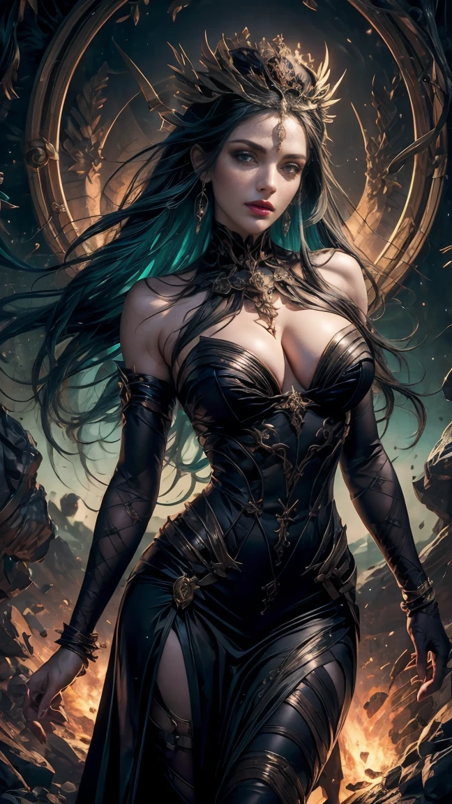High view, high angle of camera, A beautiful and sexy Sexy goddess Persephone, long black hair, sexy black and purple dress, with a black-gold spike ornaments. greek hades at the background, raytraced, wind, mythological landscape, beautiful, sexy, evil look, intense and bright eyes, half body. Queen of the underworld, goddess of Hades. Every space and build in the landscape is meticulously rendered, from the most dangerous and terrifying abyss, creating a visually stunning and immersive world. The overall effect is a magnificent mix of fantasy, caos and abyss,. close-up, fine quality cyan eyes, cyan eyes , ultra detailed, Beautiful and aesthetically pleasing, masterpiece, Best quality score, Extremely detailed, raytraced, middle body, close up, high view, particles and hard lights, angulo picado.