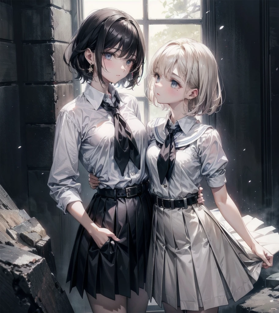 (yuri), ((2 girls)), absurdres, RAW photo, extremely delicate and beautiful, masterpiece, Best Quality, ultra high resolution, 32k, hyperrealistic, ultra-detailed, detailed description, perfect anatomy, pale skin, 20 years old, detailed beautiful face and eyes, tearful mole, earring, short medium hair, wavy hair, whole body shot, big tits, school_uniform,