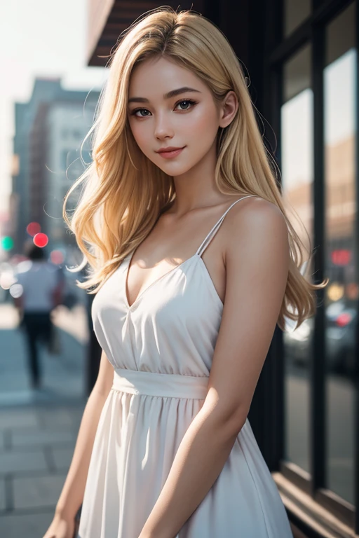 best quality, masterpiece, highres, 1girl, white flared chiffon short dress, smile, closed mouth, glossy lips, blonde long hair, detailed beautiful eyes,detailed eyelash, Beautiful face,upon_body, tyndall effect,photorealistic, rim lighting, two tone lighting,(high detailed skin:1.2), 8k uhd, dslr, soft lighting, high quality, volumetric lighting, candid, Photograph, high resolution, 4k, 8k, Bokeh, in downtown, afternoon