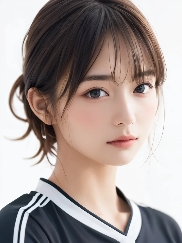 (highest quality、8k、32k、masterpiece)、(Realistic)、(Realistic:1.2)、(High resolution)、Very detailed、Very beautiful face and eyes、1 girl、Round and small face、Tight waist、Delicate body、(close、highest quality、Attention to detail、Rich skin detail)、(highest quality、8k、Oil paints:1.2)、(Realistic、Realistic:1.37)、Bright colors、(((Brown Hair)))、(((Upper Body Shot)))、(((Medium Hair)))、(((White wall background)))、(((Sad expression)))、(((Brown Hair)))、(((Soccer uniforms)))、(((黒とピンクのSoccer uniforms)))、Stripes々Clothes