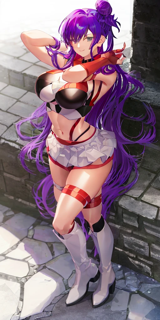 (((1 girl))) short hair, earings ,glossy lips ,team rocket uniform, red letter R, white skirt, white crop top, black thigh-high boots, black elbow gloves, evil smile, looking at viewer, cowboy shot, arms crossed, full body photo Mercedes von Martritz (Fire Emblem: Three Houses)