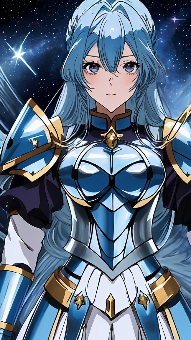 Anime character with blue hair and armor in space with stars, knights of zodiac girl, portrait knights of zodiac girl, Saint Seiya, in opal armor, Armor reflected in the color of sliver ice, inspired by Matsumura Goshun, ice blue and silver armor , pale blue armor, wearing shining armor, clothed in ethereal battle armor,covered in full silver armor