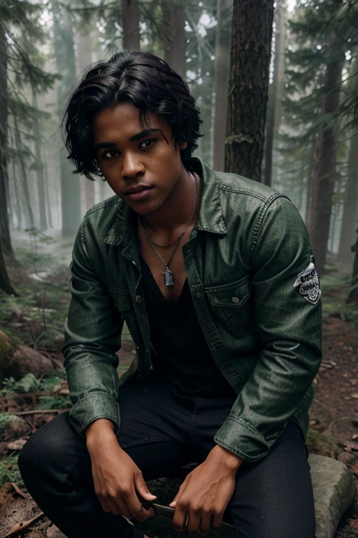 Khylin Rhambo, Mason Hewitt, Teen Wolf, 15 years old, dark skin, short messy black hair, brown eyes, green dress shirt, green jean jacket, black jeans, black combat boots. silver pendant, white wolf print. Forest background with fog aura around black color.