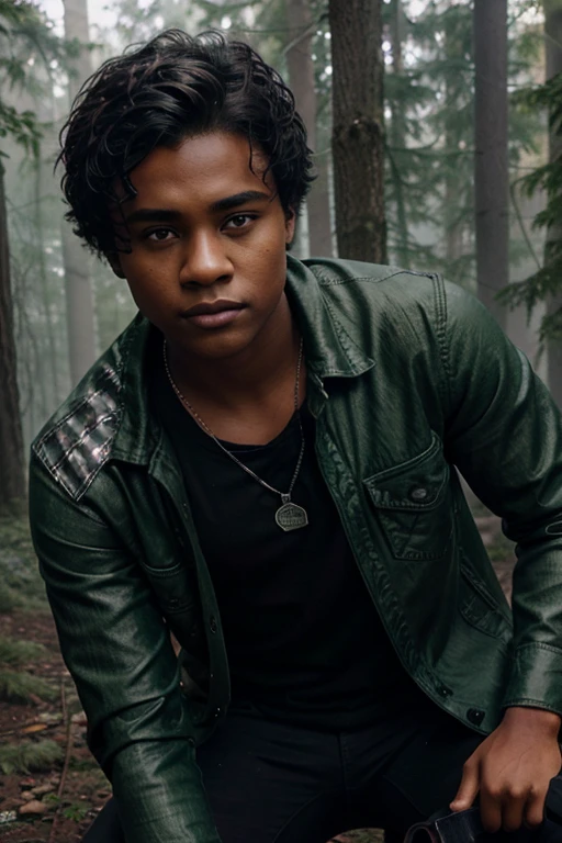 Khylin Rhambo, Mason Hewitt, Teen Wolf, 15 years old, dark skin, short messy black hair, brown eyes, green dress shirt, green jean jacket, black jeans, black combat boots. silver pendant, white wolf print. Forest background with fog aura around black color.