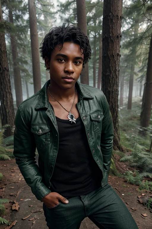 Khylin Rhambo, Mason Hewitt, Teen Wolf, 15 years old, dark skin, short messy black hair, brown eyes, green dress shirt, green jean jacket, black jeans, black combat boots. silver pendant, white wolf print. Forest background with fog aura around black color.