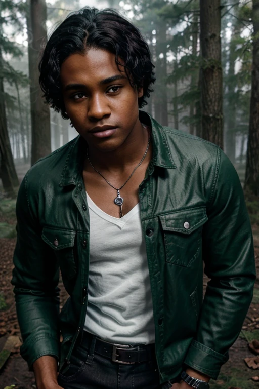 Khylin Rhambo, Mason Hewitt, Teen Wolf, 15 years old, dark skin, short messy black hair, brown eyes, green dress shirt, green jean jacket, black jeans, black combat boots. silver pendant, white wolf print. Forest background with fog aura around black color.