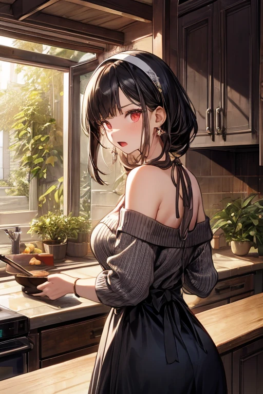 masterpiece, yor, 1girl, Amazing Cleavage:1.3, thin waist, big ass, Raised sexy, medium breast: 1.8 posed cleavage:1.2、solo, looking at viewer, open mouth, have a cup of coffee,black hair, red eyes, dress, bare shoulders, jewelry, collarbone, sidelocks, hairband, earrings, indoors, off shoulder, :o, sweater, arms behind back, plant, short hair with long locks, white hairband, off-shoulder dress, sweater dress, off-shoulder sweater, red sweater, big side hair, very long side hair,is rendered in (masterpiece: 1.2, best quality), with (ultra high resolution) and an exquisite (depth of field). This masterpiece is not only visually stunning but also tells, teach of cooking ,in the kitchen

