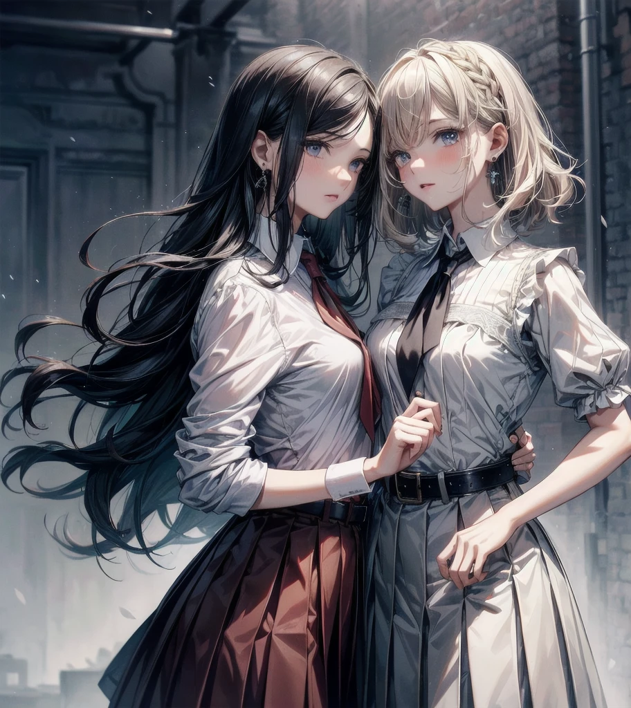 neckerchief, pleated skirt, collared shirt, belt, absurdres, RAW photo, extremely delicate and beautiful, masterpiece, Best Quality, ultra high resolution, 32k, hyperrealistic, ultra-detailed, detailed description, perfect figure, perfect shape, perfect anatomy, pale skin, 20 years old, detailed beautiful face and eyes, tearful mole, earring, short medium hair, wavy hair, yuri, 2 girls,