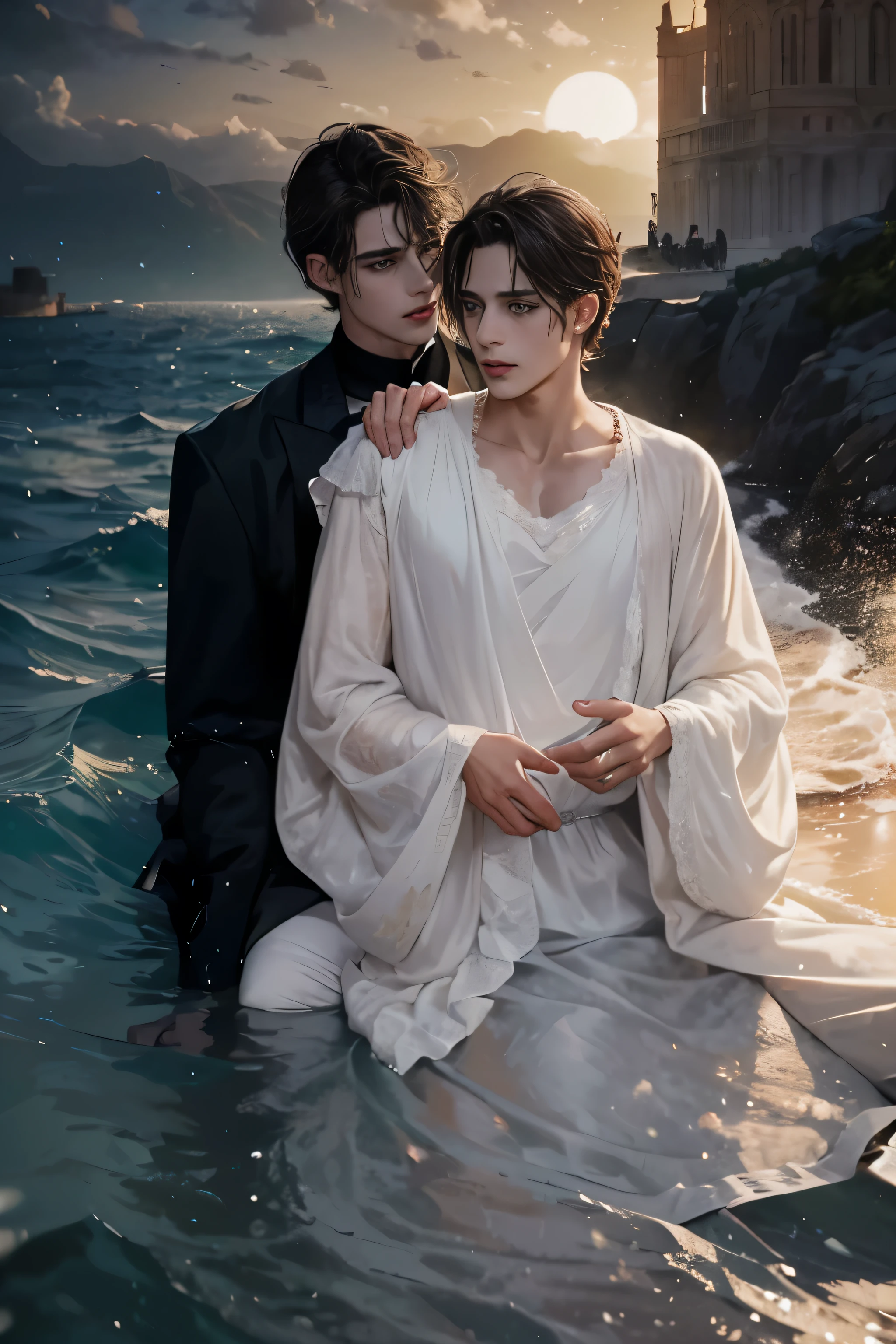 young man (20 years), dark hair, light eyes, bags under the eyes, Aristocrat's clothes, in the background the sea and the palace, evening, sunset, masterpiece, Highest quality, Style of magical realism, magical realism