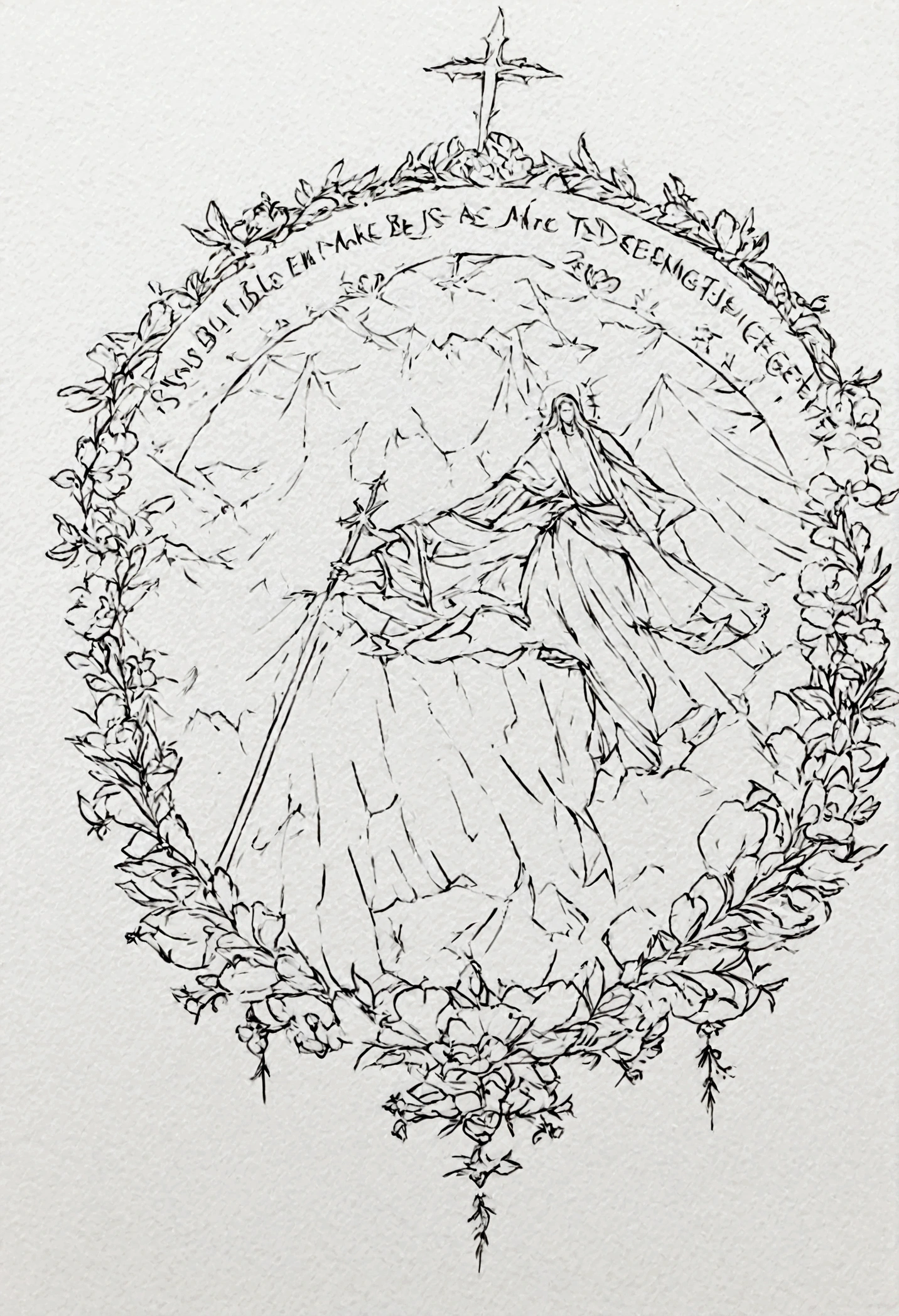 Create a minimalistic religious tattoo, sized 5cm x 5cm, located on outer wrist, line art tattoo design with black ink, based on the bible verse: Jesus, Jesus You make the darkness tremble Jesus, Jesus You silence fear”, the design should be on a white background, it should frame jesus as the piller of strength and a dounfation 