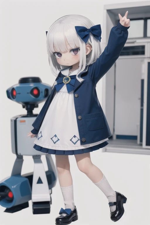 score_9, score_8_up, score_7_up, 1girl white hair blue bow blue jacket white dress White socks blue shoes robot girl