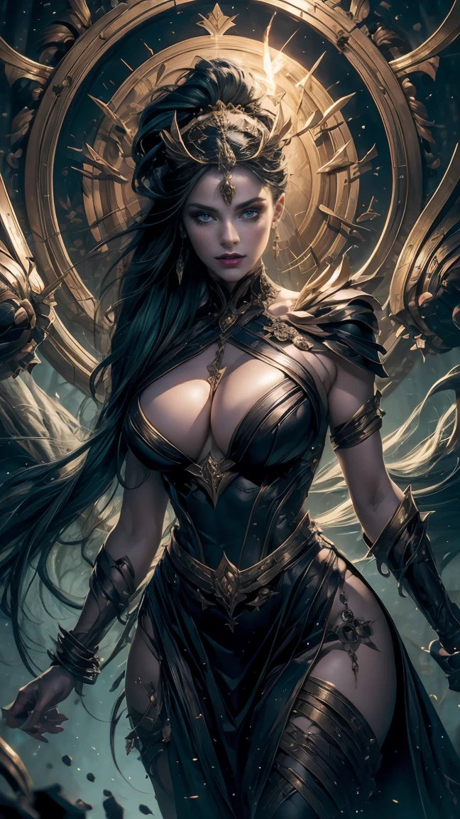 High view, high angle of camera, A beautiful and sexy Sexy goddess Persephone, long black hair, sexy black and purple dress, with a black-gold spike ornaments. greek hades at the background, raytraced, wind, mythological landscape, beautiful, sexy, evil look, intense and bright eyes, half body. Queen of the underworld, goddess of Hades. Every space and build in the landscape is meticulously rendered, from the most dangerous and terrifying abyss, creating a visually stunning and immersive world. The overall effect is a magnificent mix of fantasy, caos and abyss,. close-up, fine quality cyan eyes, cyan eyes , ultra detailed, Beautiful and aesthetically pleasing, masterpiece, Best quality score, Extremely detailed, raytraced, middle body, close up, high view, particles and hard lights. greek mythologic