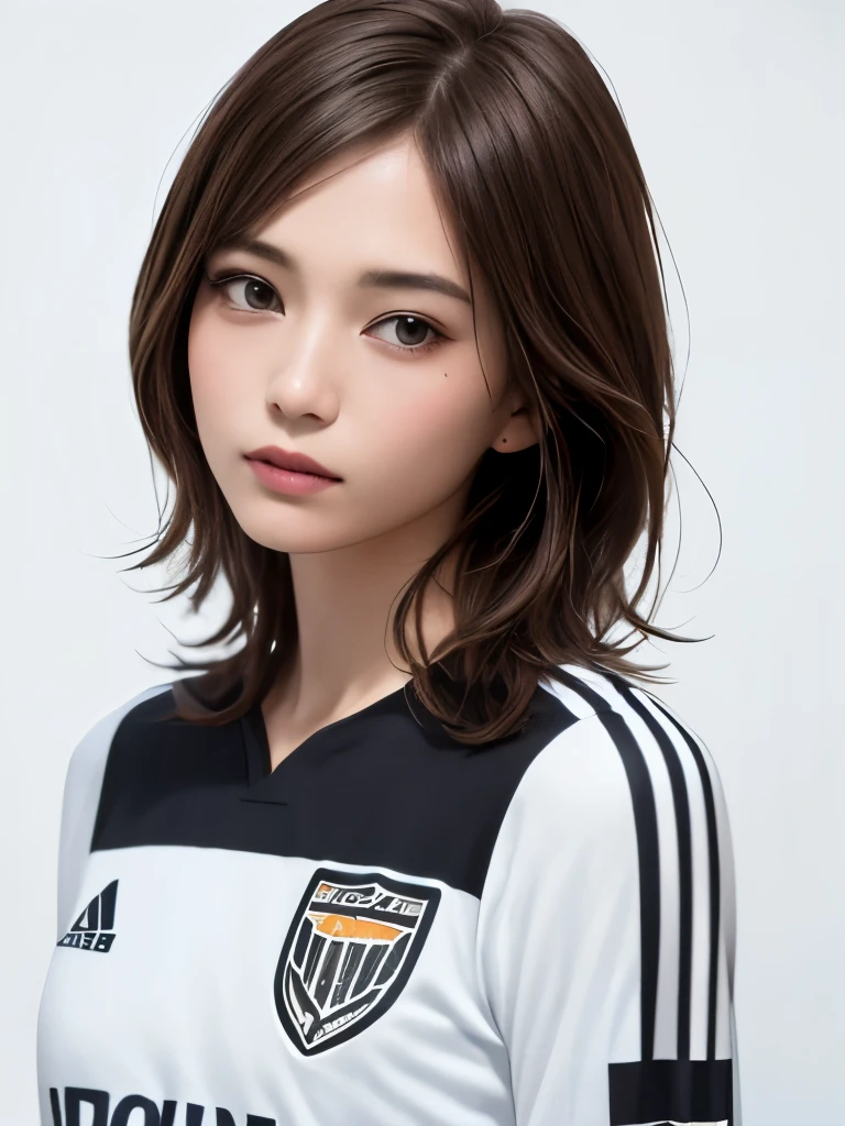 (highest quality、8k、32k、masterpiece)、(Realistic)、(Realistic:1.2)、(High resolution)、Very detailed、Very beautiful face and eyes、1 girl、Round and small face、Tight waist、Delicate body、(close、highest quality、Attention to detail、Rich skin detail)、(highest quality、8k、Oil paints:1.2)、(Realistic、Realistic:1.37)、Bright colors、(((Brown Hair)))、(((Upper Body Shot)))、(((Medium Hair)))、(((White wall background)))、(((Sad expression)))、(((Brown Hair)))、(((Soccer uniforms)))、(((黒とピンクのSoccer uniforms)))、Stripes々Clothes
