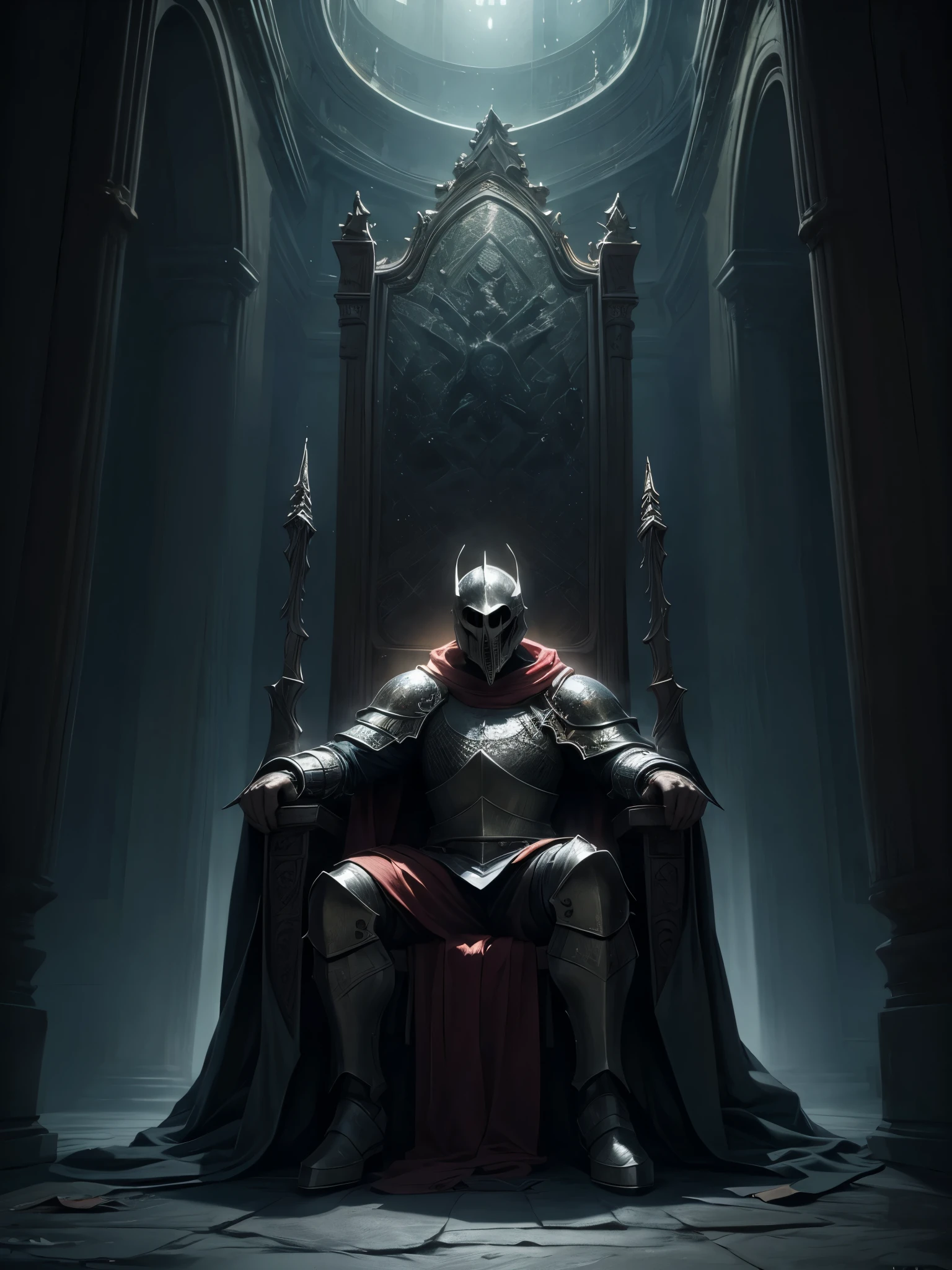 detailed dark fantasy medieval knight, 1 male paladin warrior, highly detailed intricate medieval armor, skull helmet, long cloak, sitting on dark throne in gloomy throne room, glowing green energy emanating from armor, dramatic lighting, photorealistic, cinematic, epic scale, dark fantasy art style, moody colors