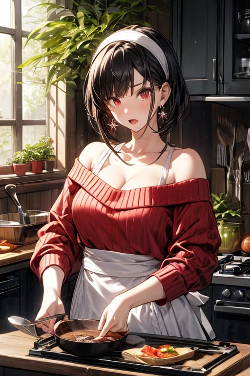 masterpiece, yor, 1girl, Amazing Cleavage:1.3, thin waist, big ass, Raised sexy, medium breast: 1.8 posed cleavage:1.2、solo, looking at viewer, open mouth, have a cup of coffee,black hair, red eyes, dress, bare shoulders, jewelry, collarbone, sidelocks, hairband, earrings, indoors, off shoulder, :o, sweater, arms behind back, plant, short hair with long locks, white hairband, off-shoulder dress, sweater dress, off-shoulder sweater, red sweater, big side hair, very long side hair,is rendered in (masterpiece: 1.2, best quality), with (ultra high resolution) and an exquisite (depth of field). This masterpiece is not only visually stunning but also tells, teach of cooking ,in the kitchen
