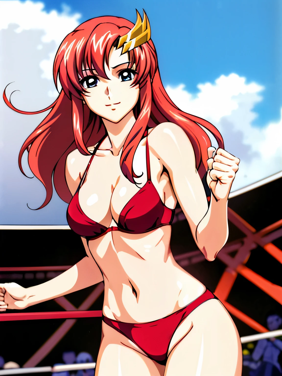 lacus4, (red bikini, running, thong, thin girl, masterpiece, cowboy shot, very slim shoulders, 4K, Best Quality, Anime style: 1.9, happy, Adult Woman, (ultra detailed head), (wrestling arena with crowd, cloud background), Drawing lines, high resolution, lacus4), 1girl, Solo, curvy figure, Long hair, clavicle, scapular, (Detailed wide hair bangs, Hair Ornament, Detailed reddish-pink hair, shiny streaks, slim arms, detailed golden crest), cleavage, large hands, (hair cover shoulders). (Big blue eyes, shiny eyes), ((female wrestler, (slim body), slim arms, closed fists, thighs)), ((perfect proportions, medium-small breasts, medium thighs, long belly)), ((totally red bra)), smile with a wink, (standing, hot colors), detailed fingers, (bare shoulders)