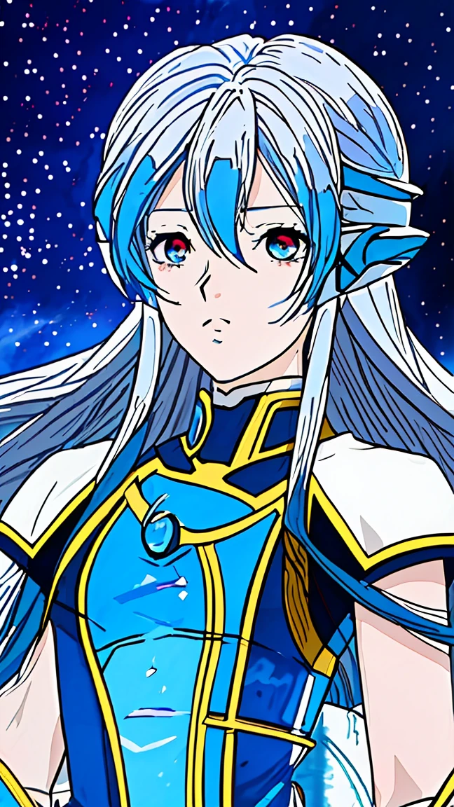 Anime character with blue hair and armor in space with stars, knights of zodiac girl, portrait knights of zodiac girl, Saint Seiya, in opal armor, Armor reflected in the color of sliver ice, inspired by Matsumura Goshun, ice blue and silver armor , pale blue armor, wearing shining armor, clothed in ethereal battle armor,covered in full silver armor