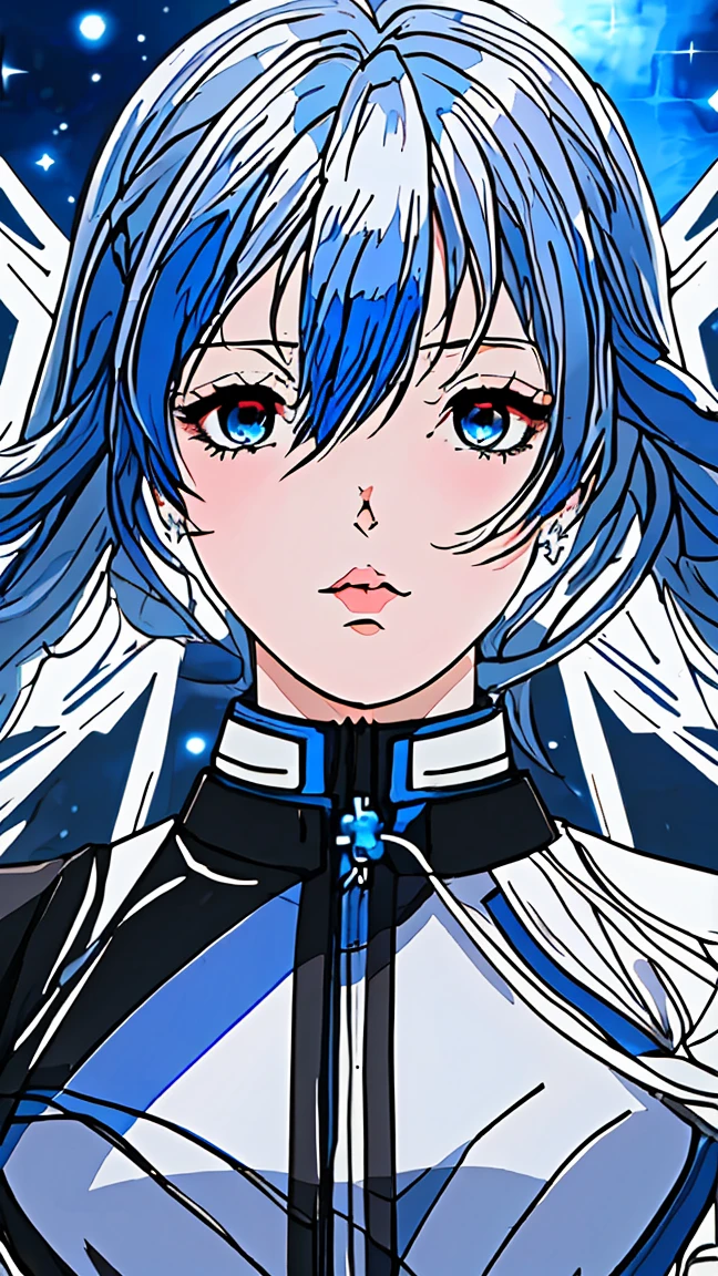 Anime character with blue hair and armor in space with stars, knights of zodiac girl, portrait knights of zodiac girl, Saint Seiya, in opal armor, Armor reflected in the color of sliver ice, inspired by Matsumura Goshun, ice blue and silver armor , pale blue armor, wearing shining armor, clothed in ethereal battle armor,covered in full silver armor
