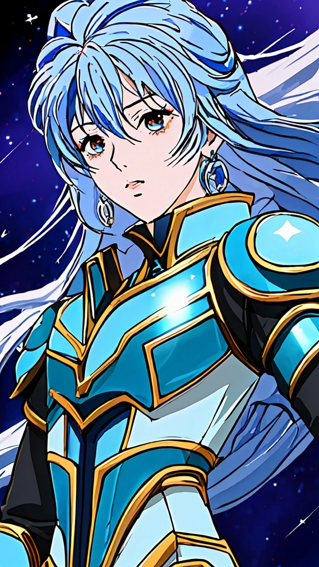 Anime character with blue hair and armor in space with stars, knights of zodiac girl, portrait knights of zodiac girl, Saint Seiya, in opal armor, Armor reflected in the color of sliver ice, inspired by Matsumura Goshun, ice blue and silver armor , pale blue armor, wearing shining armor, clothed in ethereal battle armor,covered in full silver armor