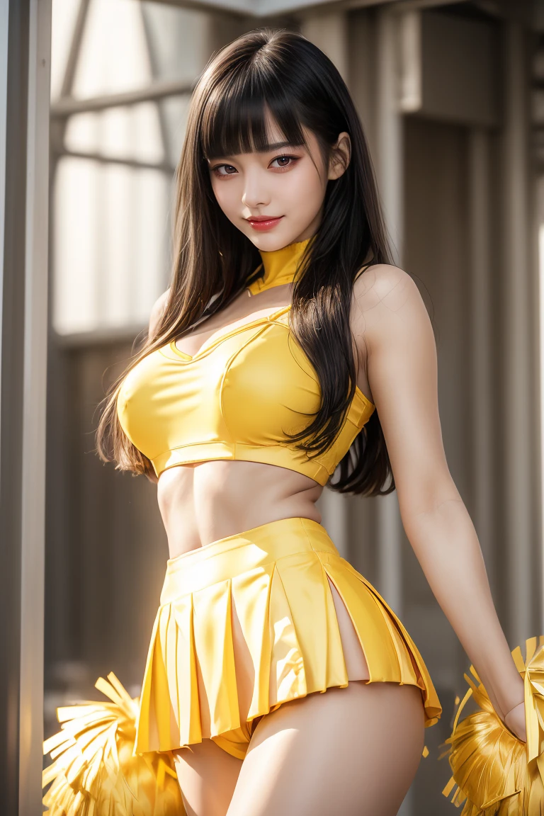 Browsing Caution、Ultra-high resolution、(((Blunt bangs, Princess Bang))), (((Very heavy,Voluminous bangs:1.1))),(((very length, Very heavy,Very voluminous side locks:1.1))),, Princess Cut, Straight bangs hairstyle, Round face with Blunt bangs, length, Glossless hair、Bangs cut straight,(masterpiece, highest quality:1.5), (Ultra-fine 8K CG:1.4), (hyperRealistic:1.25), (PhotoRealistic:1.25), (Realistic:1.4), Cowboy Shot, (Look above:1.35), (One from the front.4), (smile1.3), Beautiful Japanese Girl, , Supermodel, Japanese Idols, (smile), Big Breasts, Sweat、(Accentuate your cleavage:1.2)、Black Hair:1.2、Full body image、((Real person:1.5))、(Tight and sexy yellow cheerleader costume:1.5)、(From below:1.5)、((smile:1.5))、Perfect figure、(Dancing on an American football field)、(Showing panties)