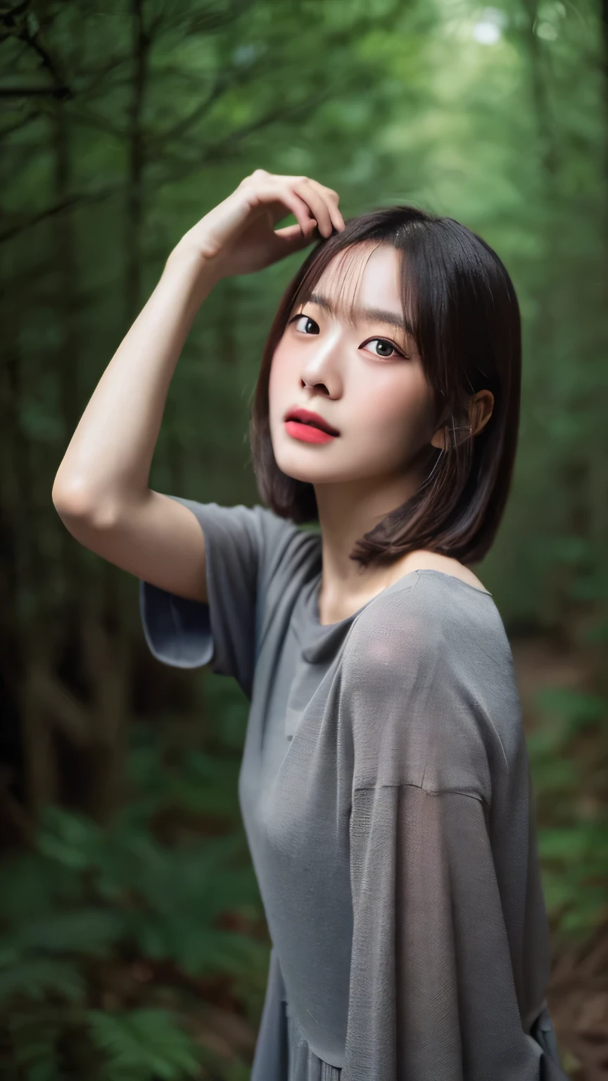 (masterpiece,high resolution,high quality,16K),(Beautiful and realistic Japan people、Beautiful girl in a gray dress standing in a dark forest), Grow style, Octane Rendering, Spooky Forest, Beautiful Face, Surreal, grow, realism, masterpiece, finest art, Clear Eyes,Short Bob、Perfect Anatomy、Beautiful limbs、Beautiful Skin、